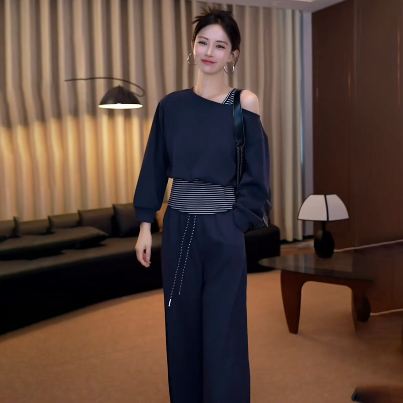 时尚休闲运动套装女2025春秋新款条纹显瘦气质套装气质洋气三件套