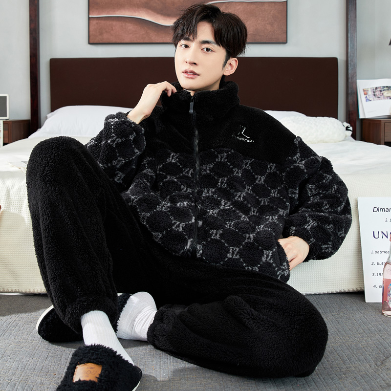 新款睡衣男冬季珊瑚绒加厚保暖黑色秋冬天法兰绒家居服套装可外穿