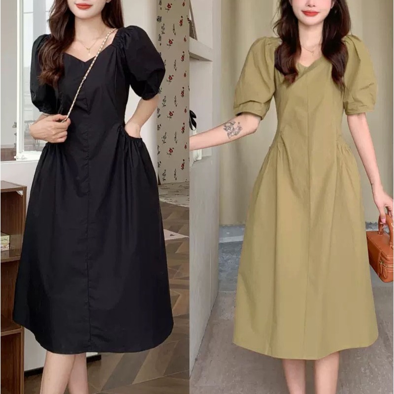 （现货）法式V领泡泡袖短袖连衣裙女夏胖mm收腰简约显瘦高级感1503