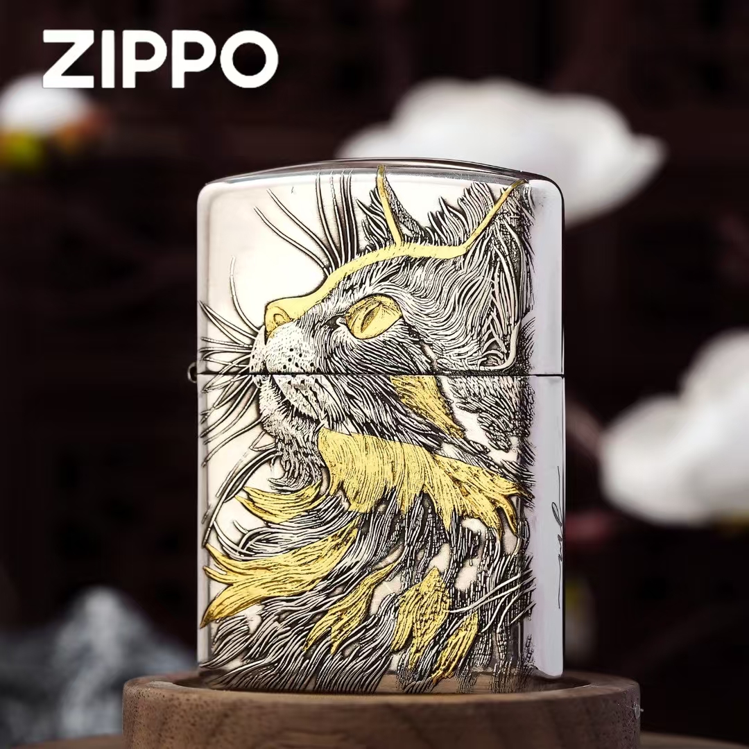 【老李鉴定】ZIPPO打火机1941纯银錾金猫睡猫仰望猫3D浮雕DYJ1