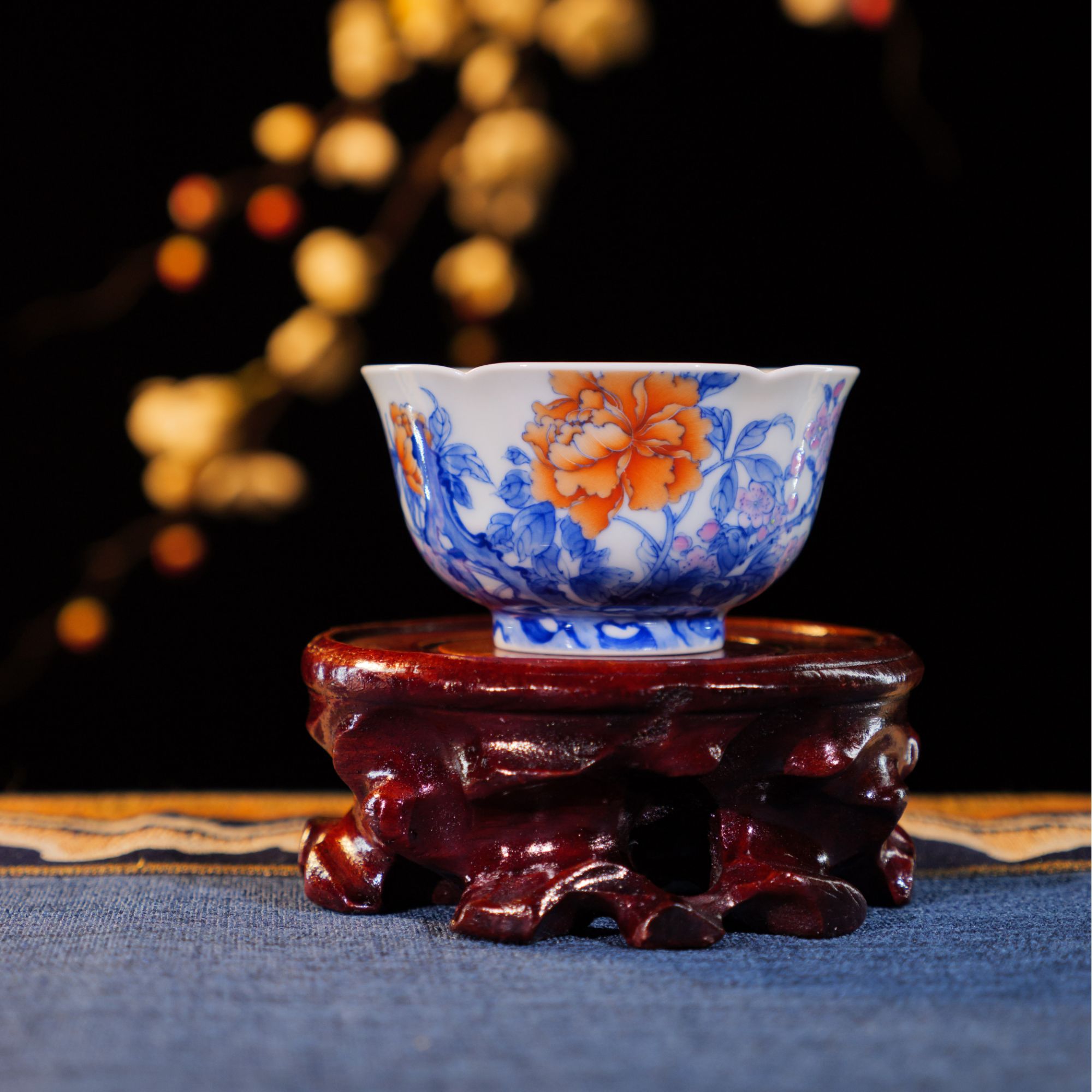 禄意窑青花斗彩花卉花口杯异形杯主人杯景德镇陶瓷中式