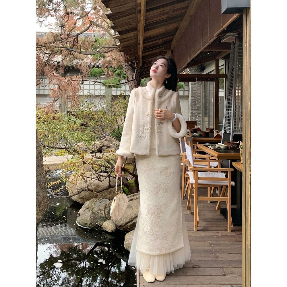 秋冬季新中式国风改良旗袍连衣裙马甲两件套日常少女复古套装8318