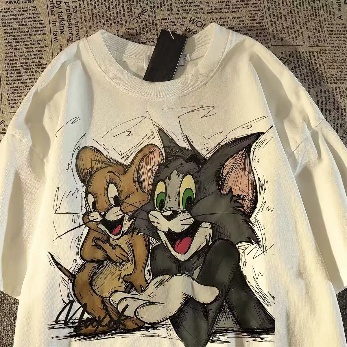 休闲风耐磨中长款短袖女吸汗T恤圆领印花修身款常规纯棉