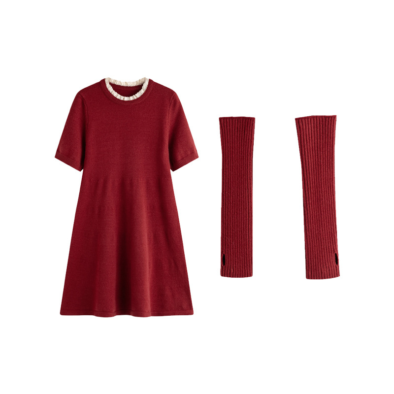 大码女装袖套圆领短袖连衣裙2025冬款胖mm宽松遮肉针织裙女22783