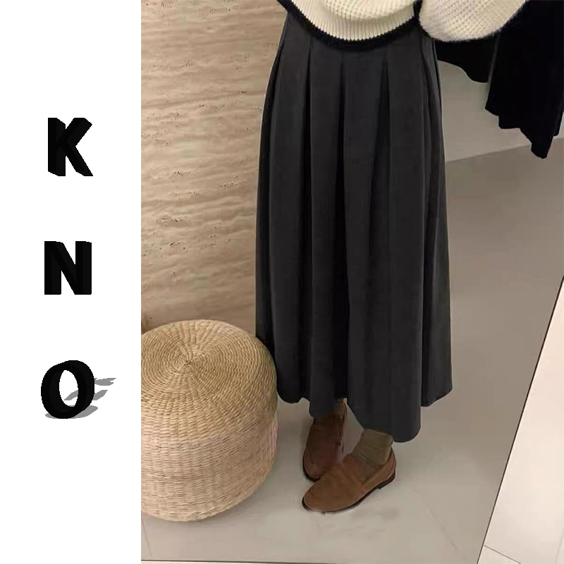 【KNO】早秋新款纯色针织半身百褶裙