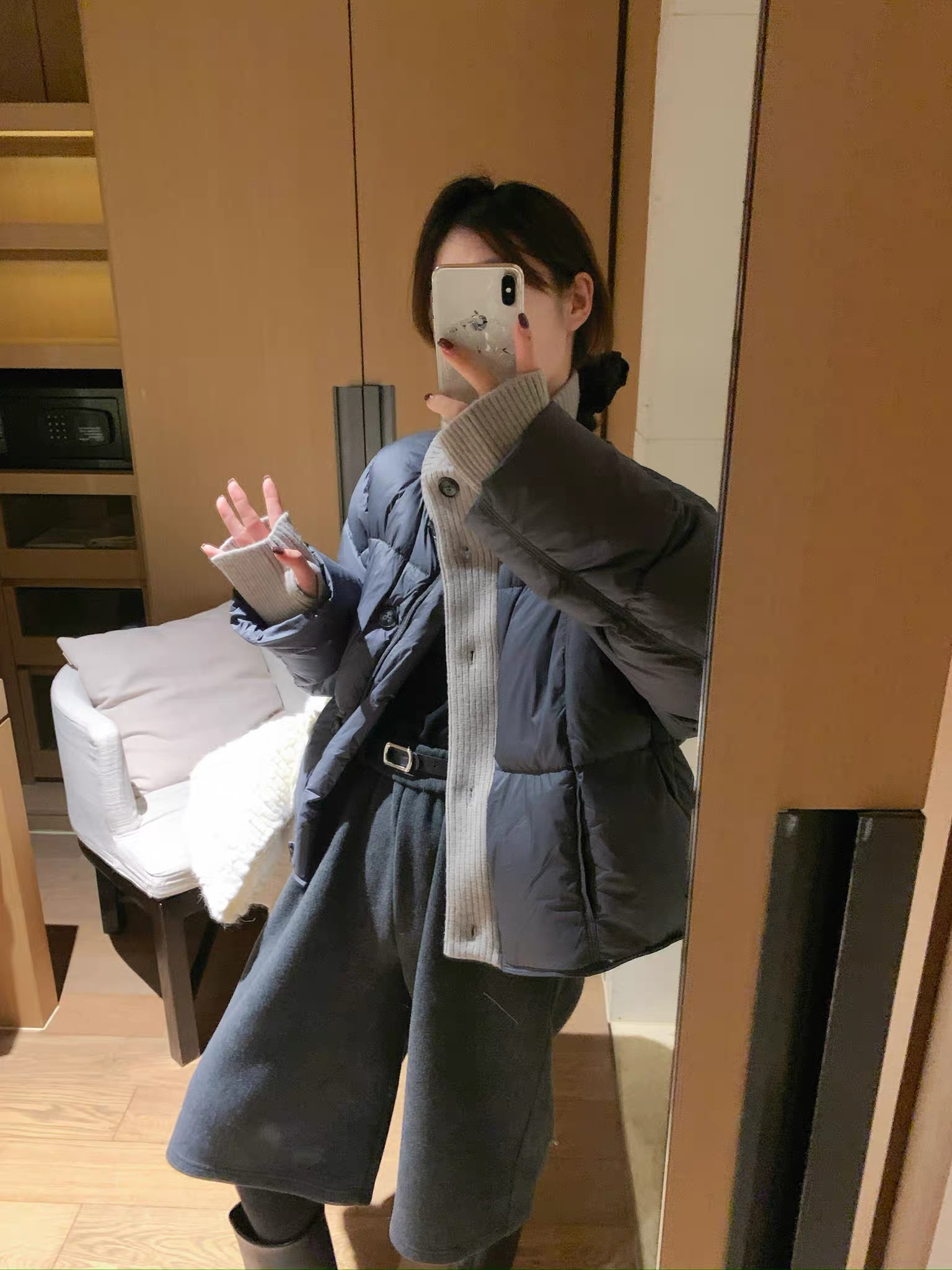灰灰呀！韩代工作室 复古设计感针织拼接立领宽松显瘦百搭羽绒服