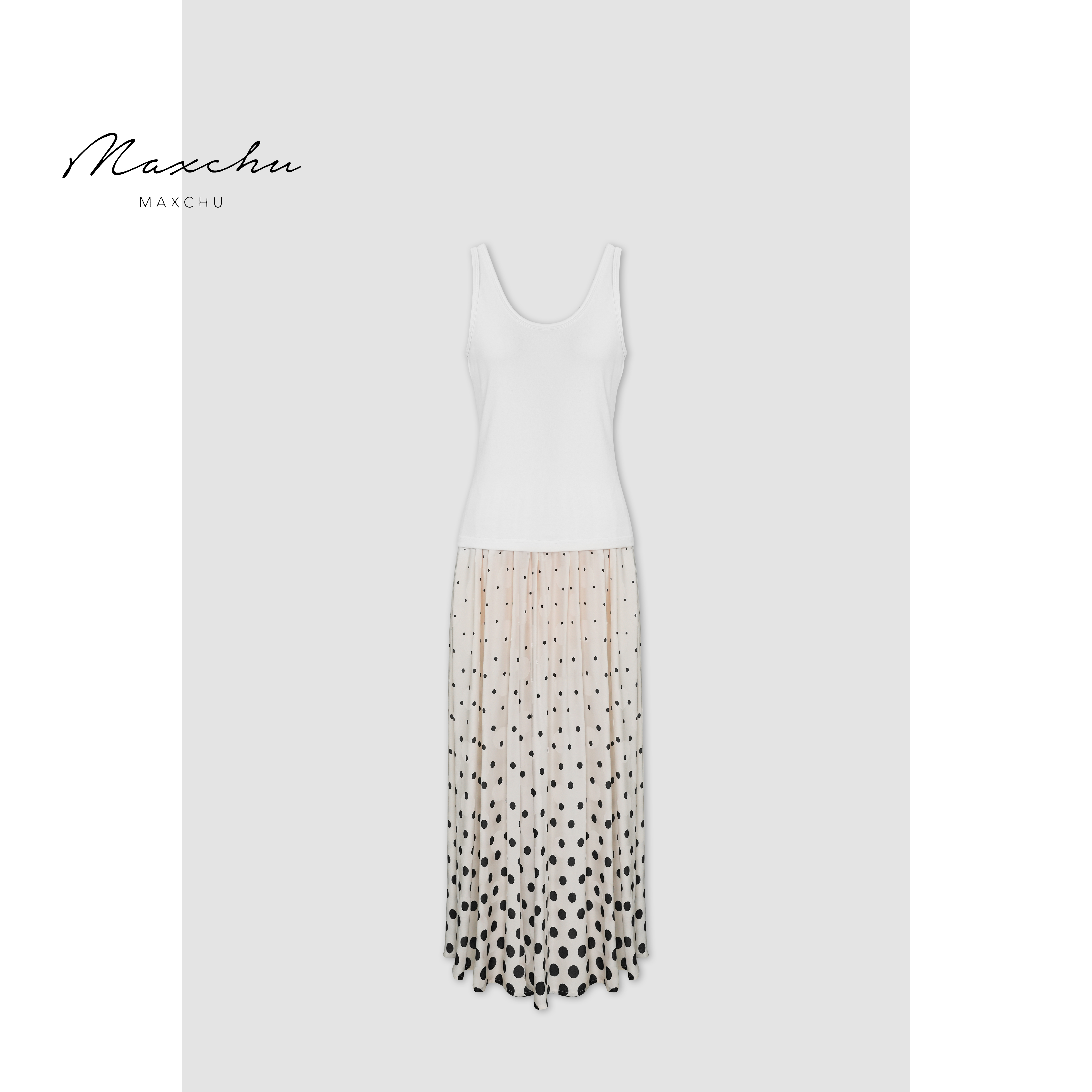 MAXCHU｜2025新款松弛感假两件波点拼接收腰修身显瘦U领背心连衣裙