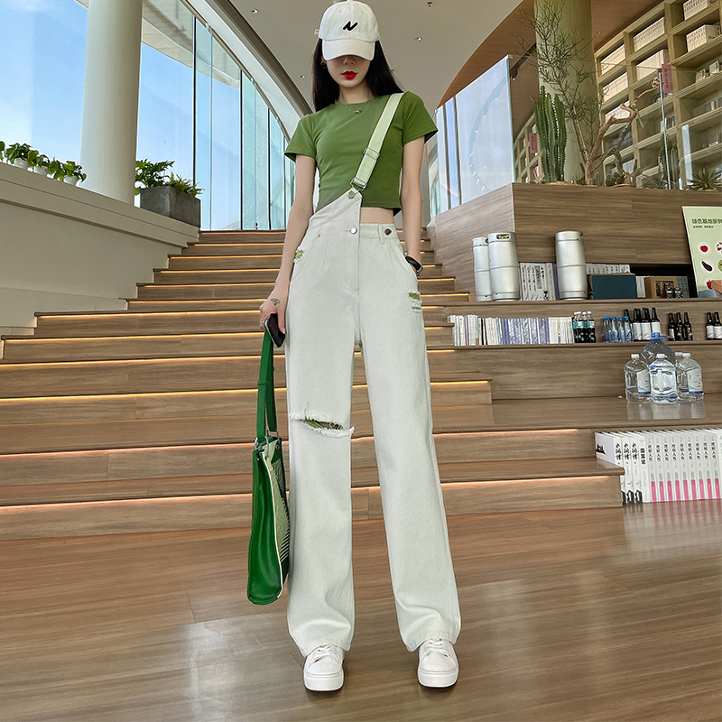 ZENGZHI/增致牛仔9528夏季大爆款女装百搭牛油果绿背带阔腿牛仔裤