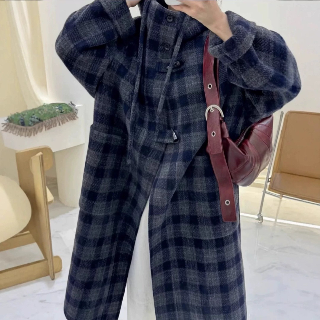 韩系连帽长款格子双面宽松气质毛呢大衣外套秋冬