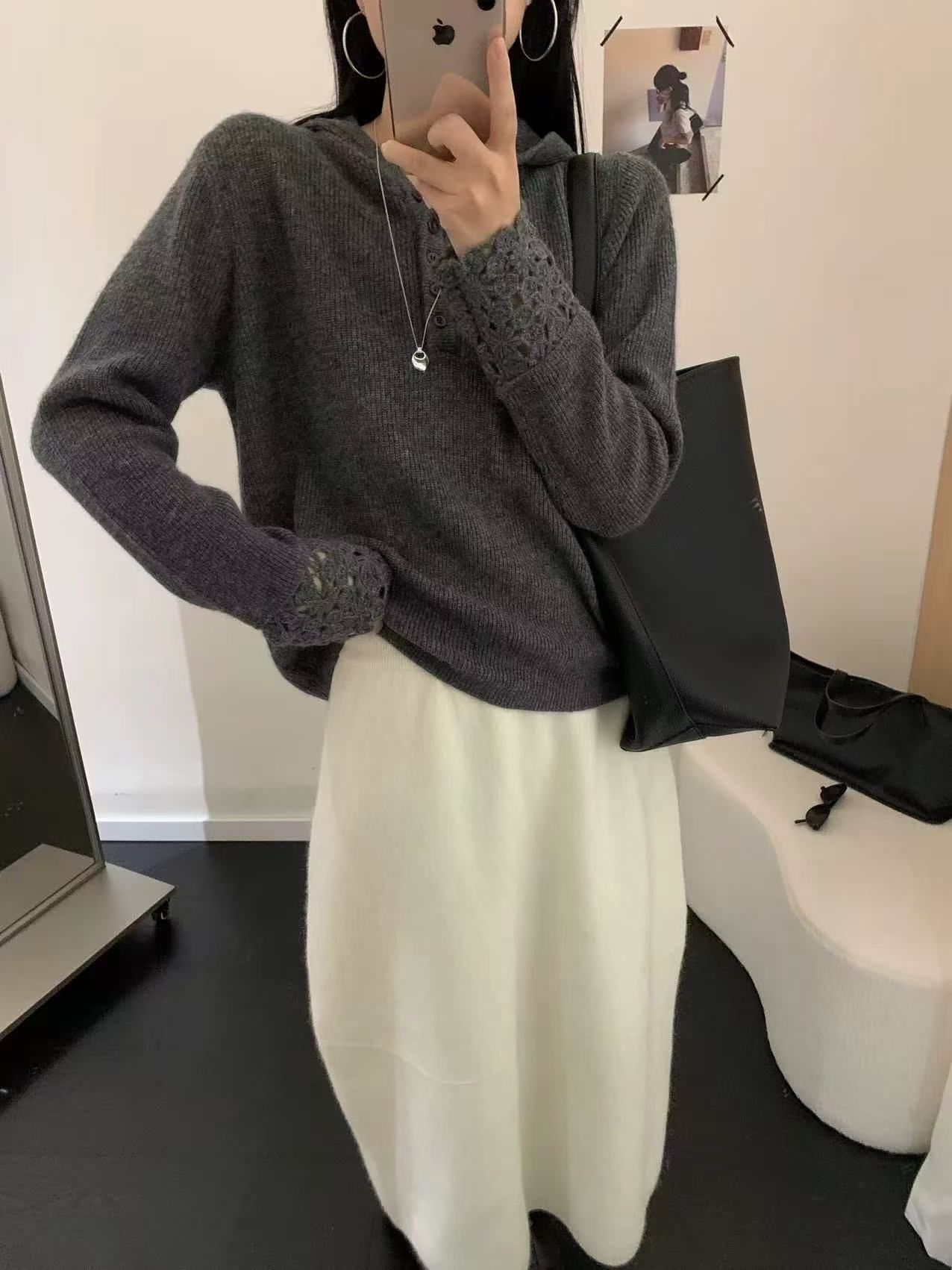 3119钩花连帽抽绳6粒扣纯色韩系秋冬毛针织衫上衣