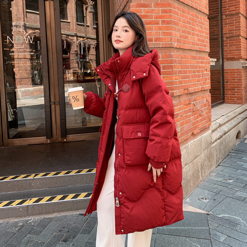 2025长款牛角扣加肥加大码200斤胖mm白鸭绒羽绒服宽松H版型显瘦款