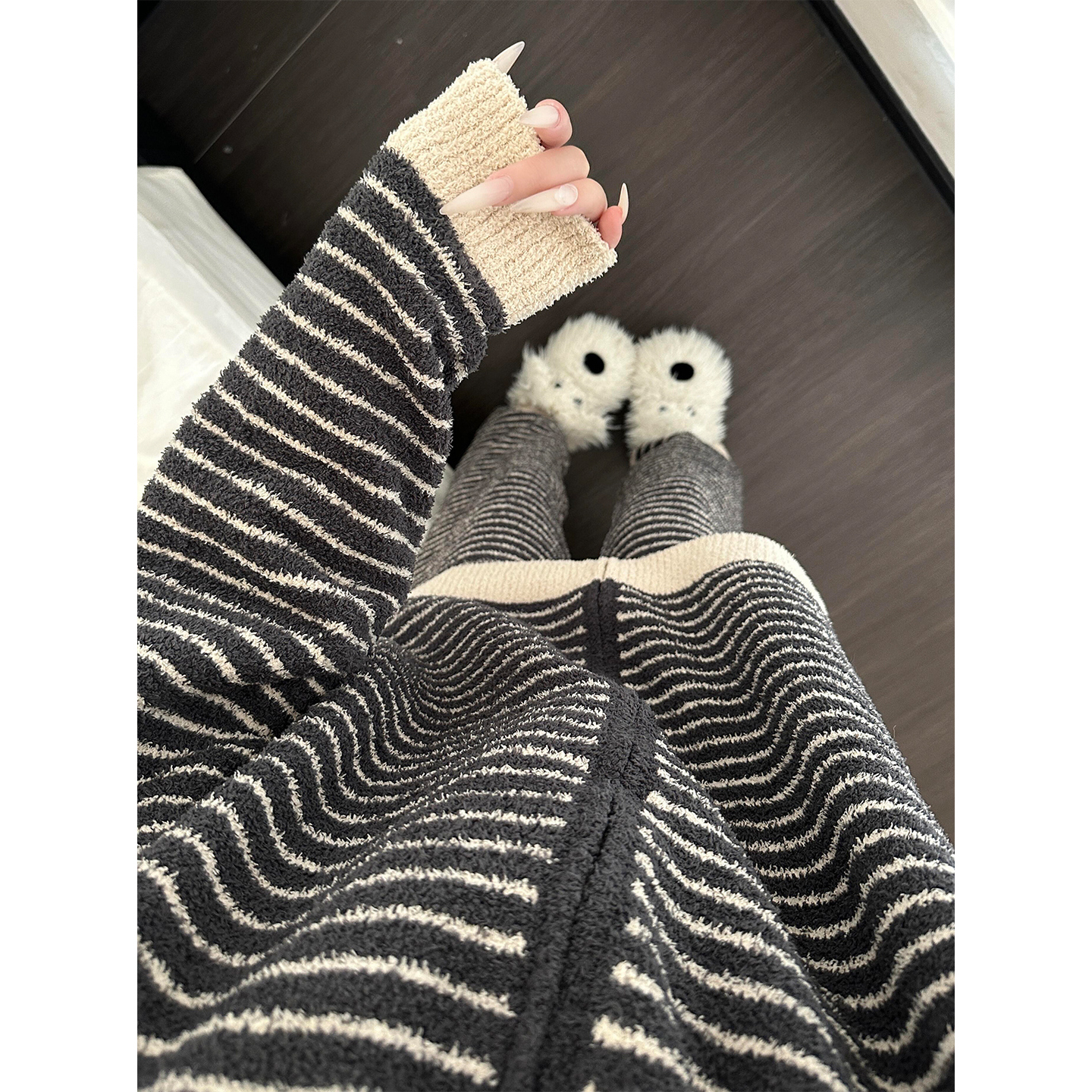 慵懒风撞色条纹半边绒睡衣女秋冬季针织开衫保暖家居服套装可外穿