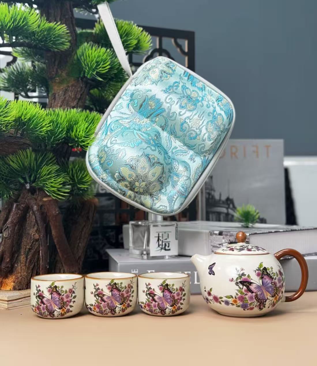 黄汝紫蝴蝶一壶三杯精致旅行茶具户外便携功夫茶具套装KK0913