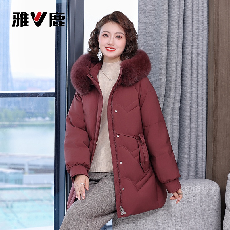 雅鹿羽绒服2025女中长款冬加厚鸭绒宽松上衣毛领连帽保暖外套3059