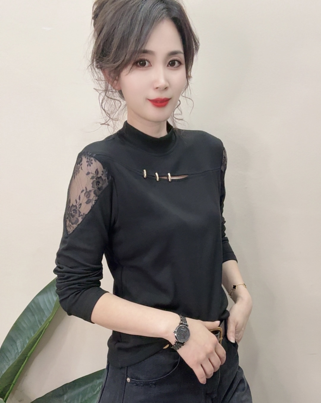 《陈小红》2025镂空半高领女朋克风拼接T恤秋冬季显瘦洋气