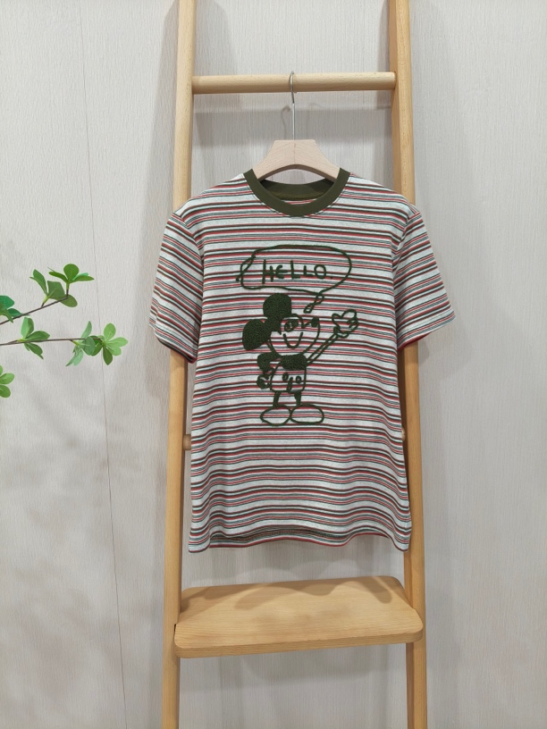【Hua】4240011夏季新款复古休闲百搭刺绣卡通撞色圆领条纹短袖T恤