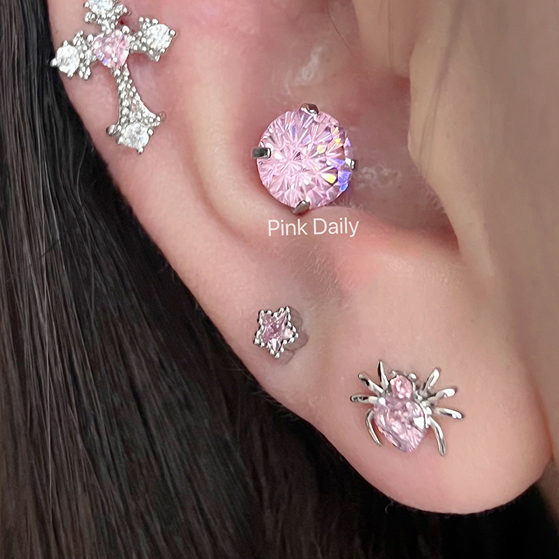 钛钢耳饰 【少女派对】粉色十字架耳骨钉钛钢烟花切耳蜗钉耳饰