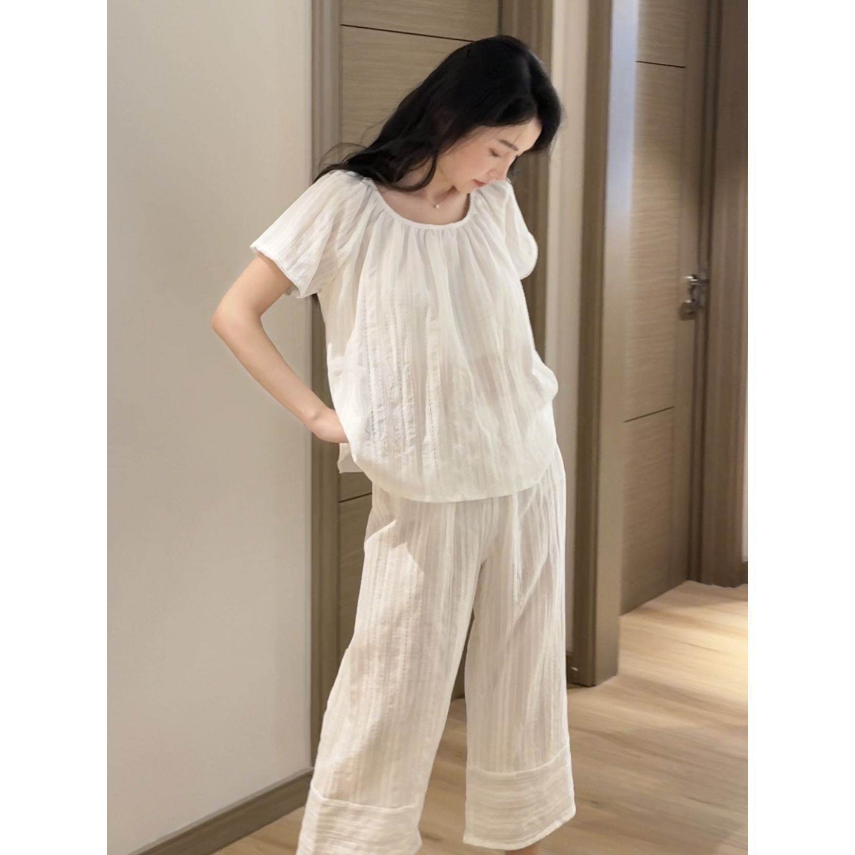 〈午后小调〉A类全棉提花韩系简约温柔短袖九分裤家居服套装