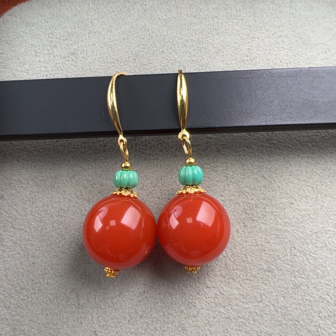 南红玛瑙银S925镶嵌（保山满肉锦红耳钩14mm