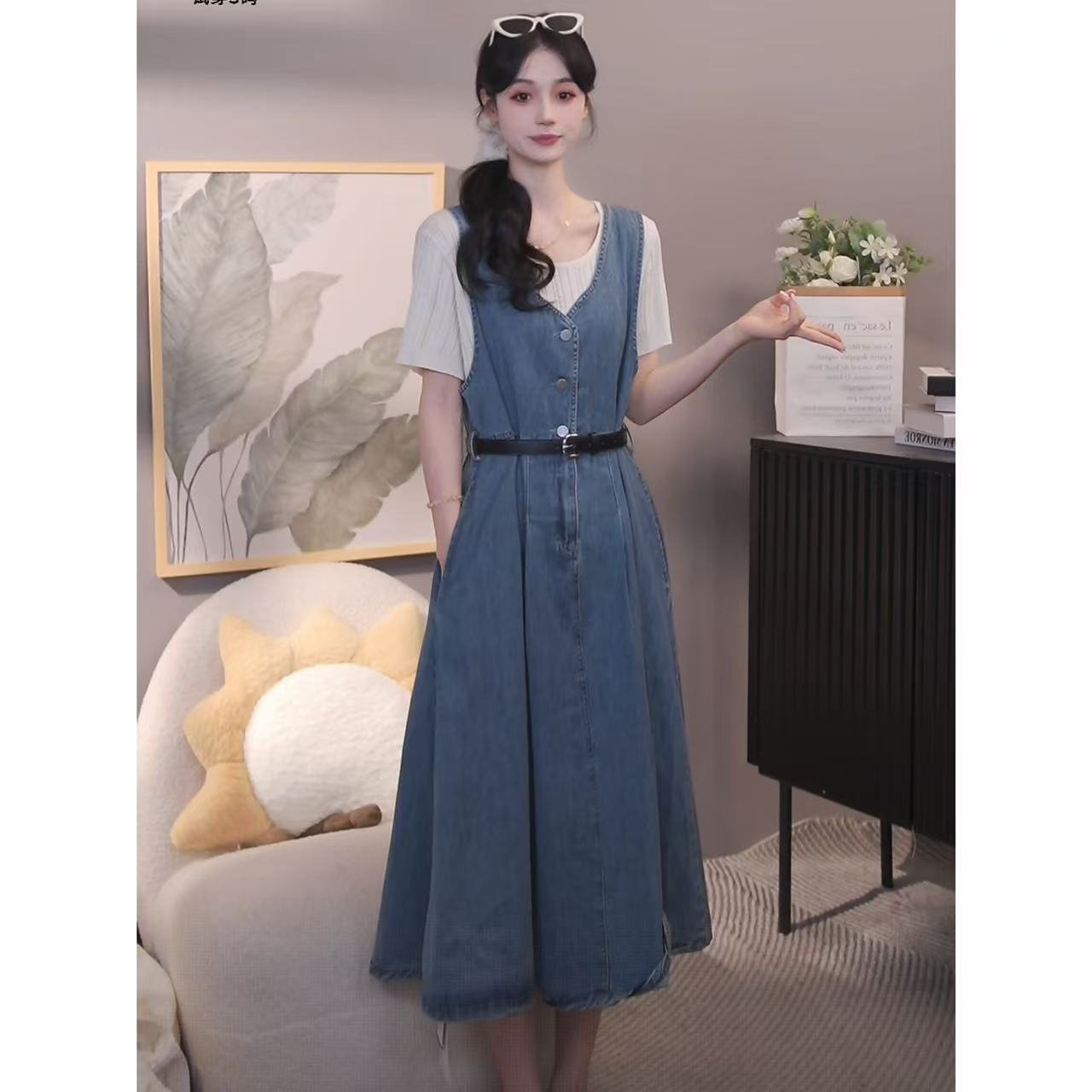 时尚气质背心牛仔连衣裙送腰带【10134】