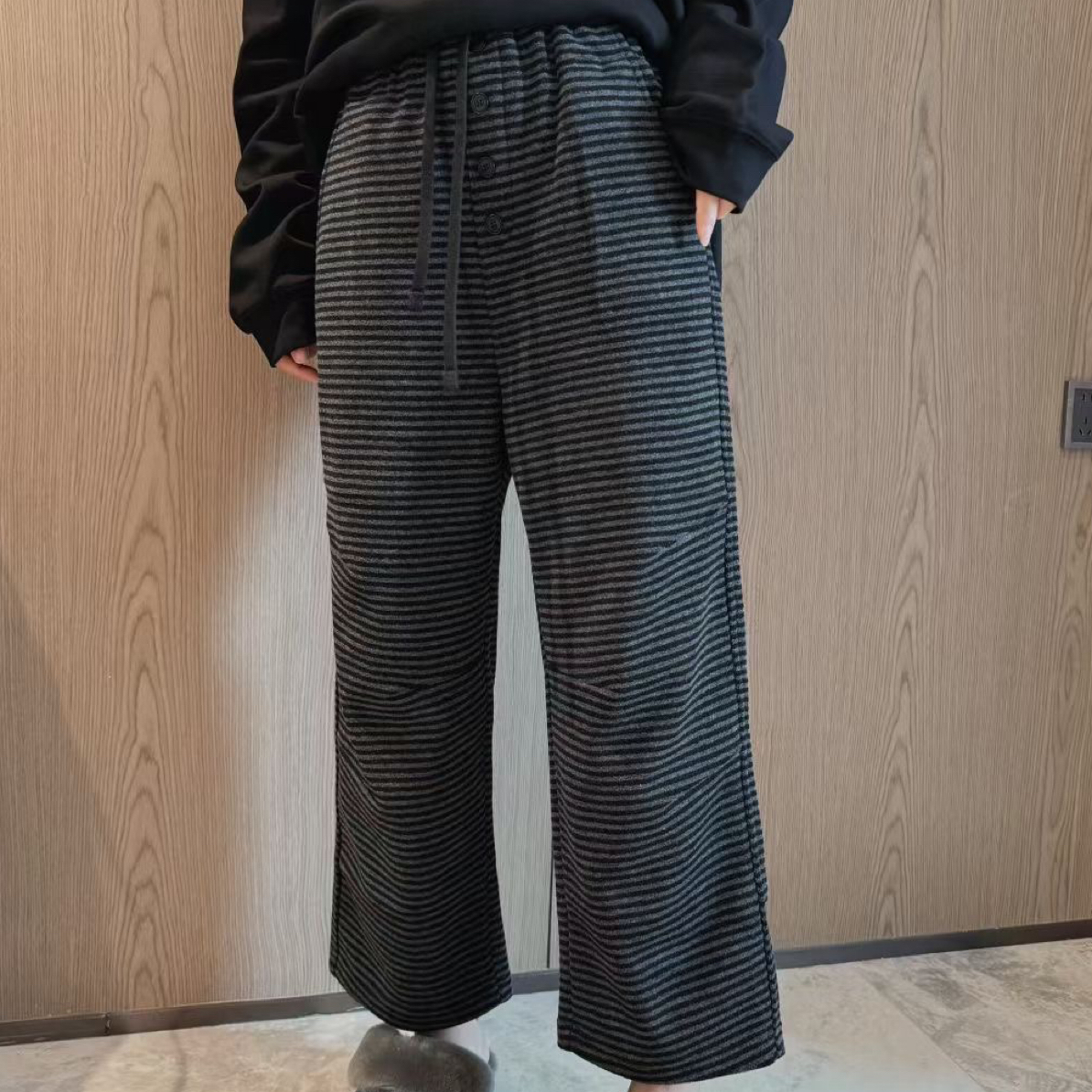 加绒新款通勤舒适休闲条纹抽绳显瘦裤