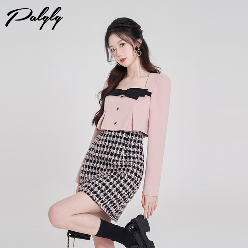 Palglg拼接粉色小香风千鸟格冬季高级感法式方领千金裙34PDA41803