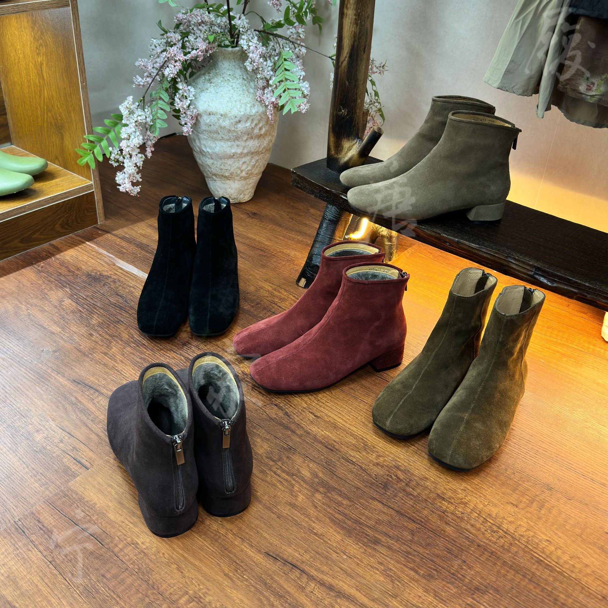 真皮低跟女短靴粗跟女靴单靴女中跟套筒加绒秋冬百搭靴子1028-11