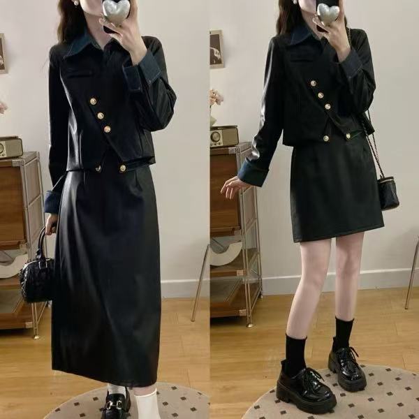 2025年秋季新款大码女装赫本风显瘦皮质两件套气质小香风套装2022