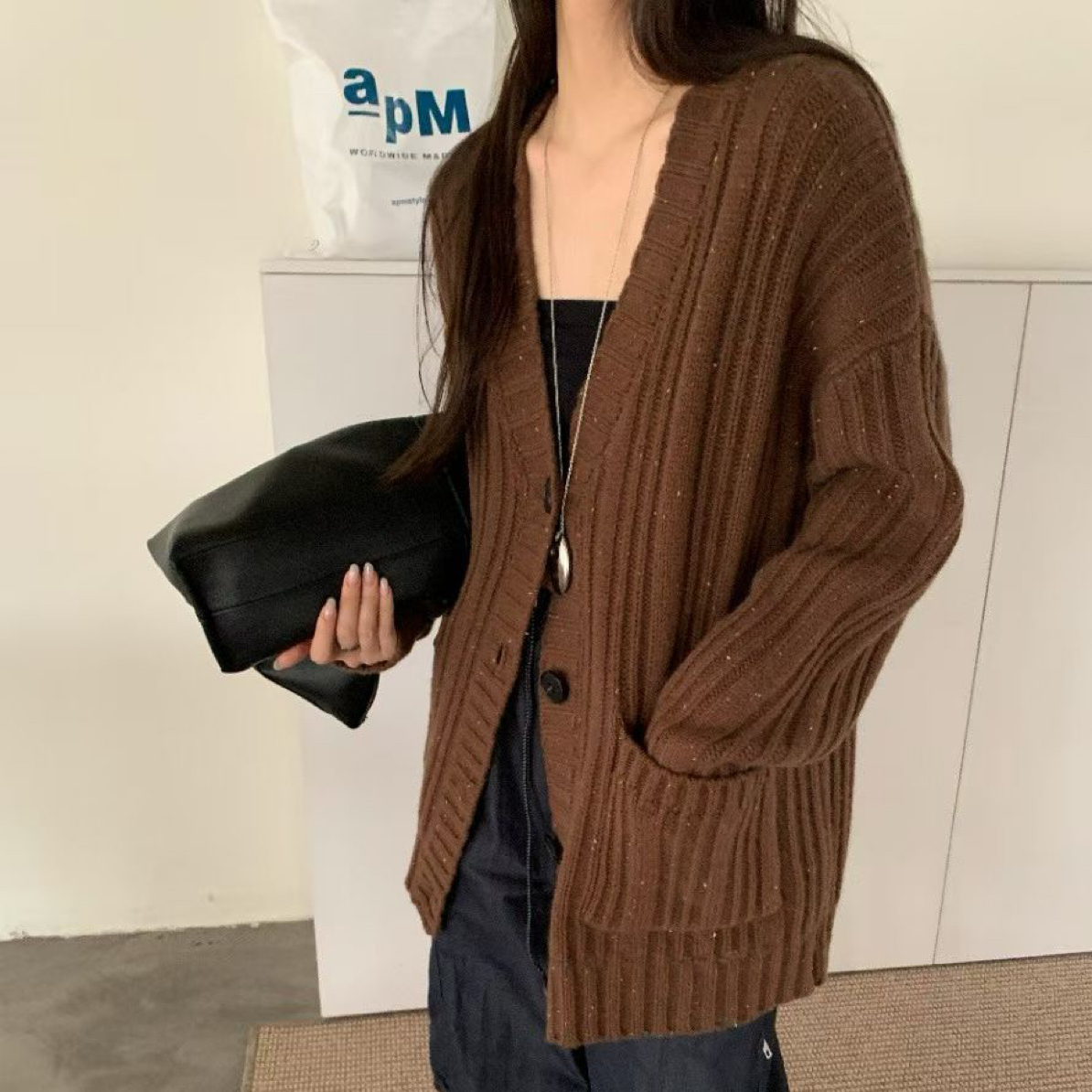 V领外套长袖冬季宽松女秋季毛针织衫慵懒风开衫上衣时尚毛衣