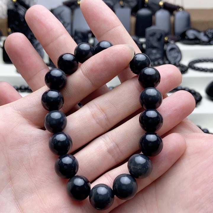 未镶嵌手链和田玉（墨玉）卡12圆珠手串微瑕