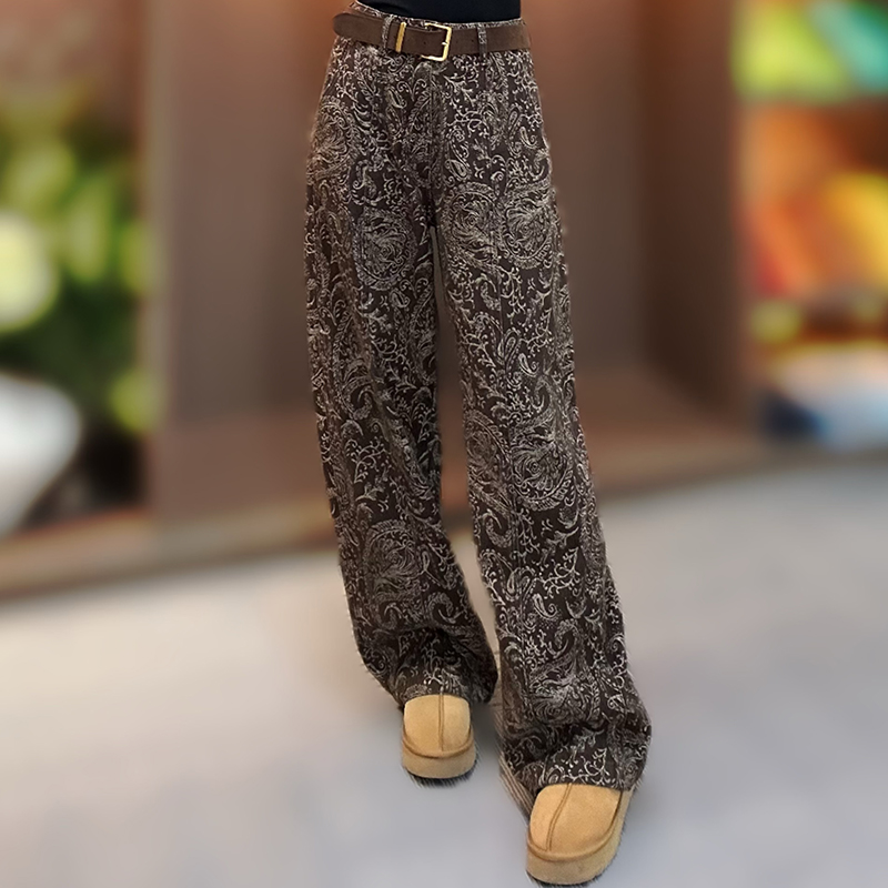 秋季新款时尚复古高腰提花牛仔裤女士宽松显瘦百搭直筒裤洋气长裤