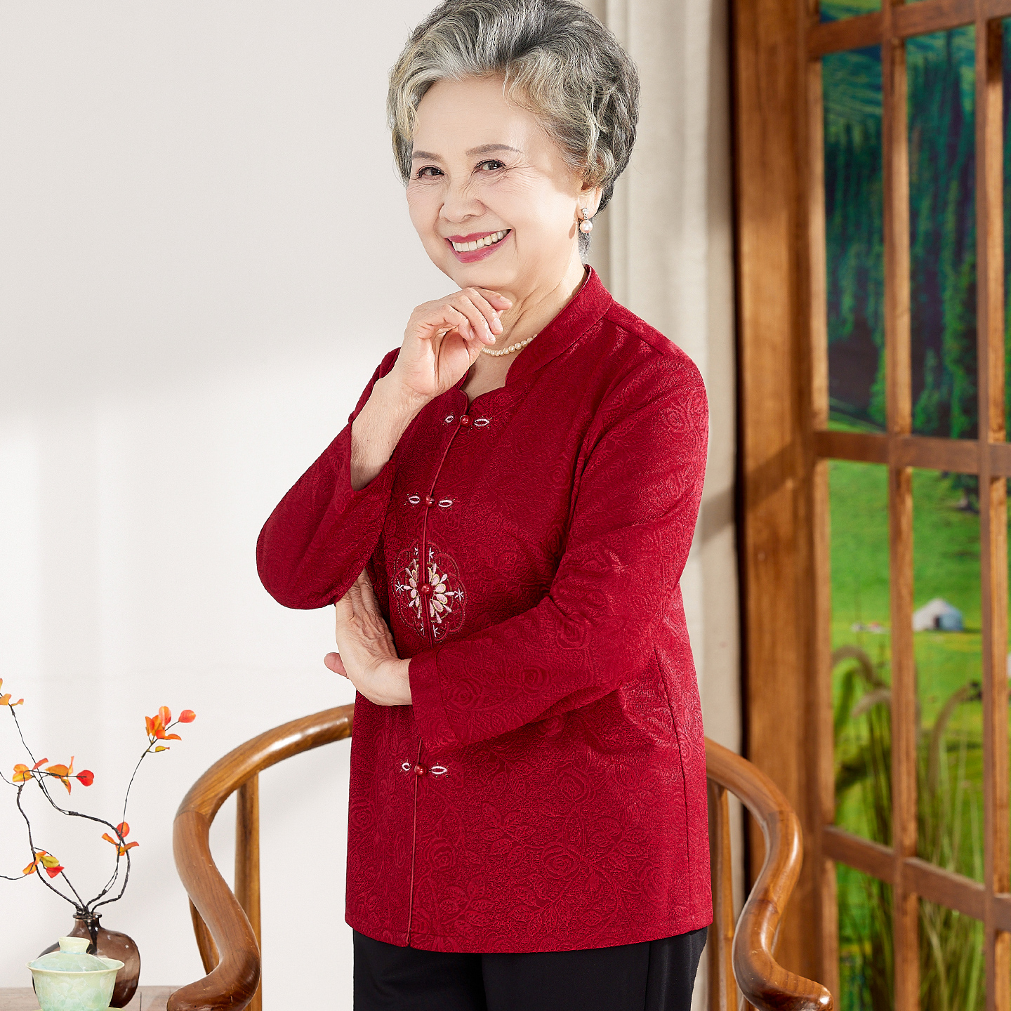 中老年人秋装长袖衬衫女奶奶衬衣妈妈喜庆婚宴装生日上衣老人衣服