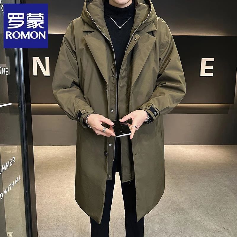 Romon/罗蒙冬季新款男中长款加厚及膝长棉服潮牌ins派克服男外套
