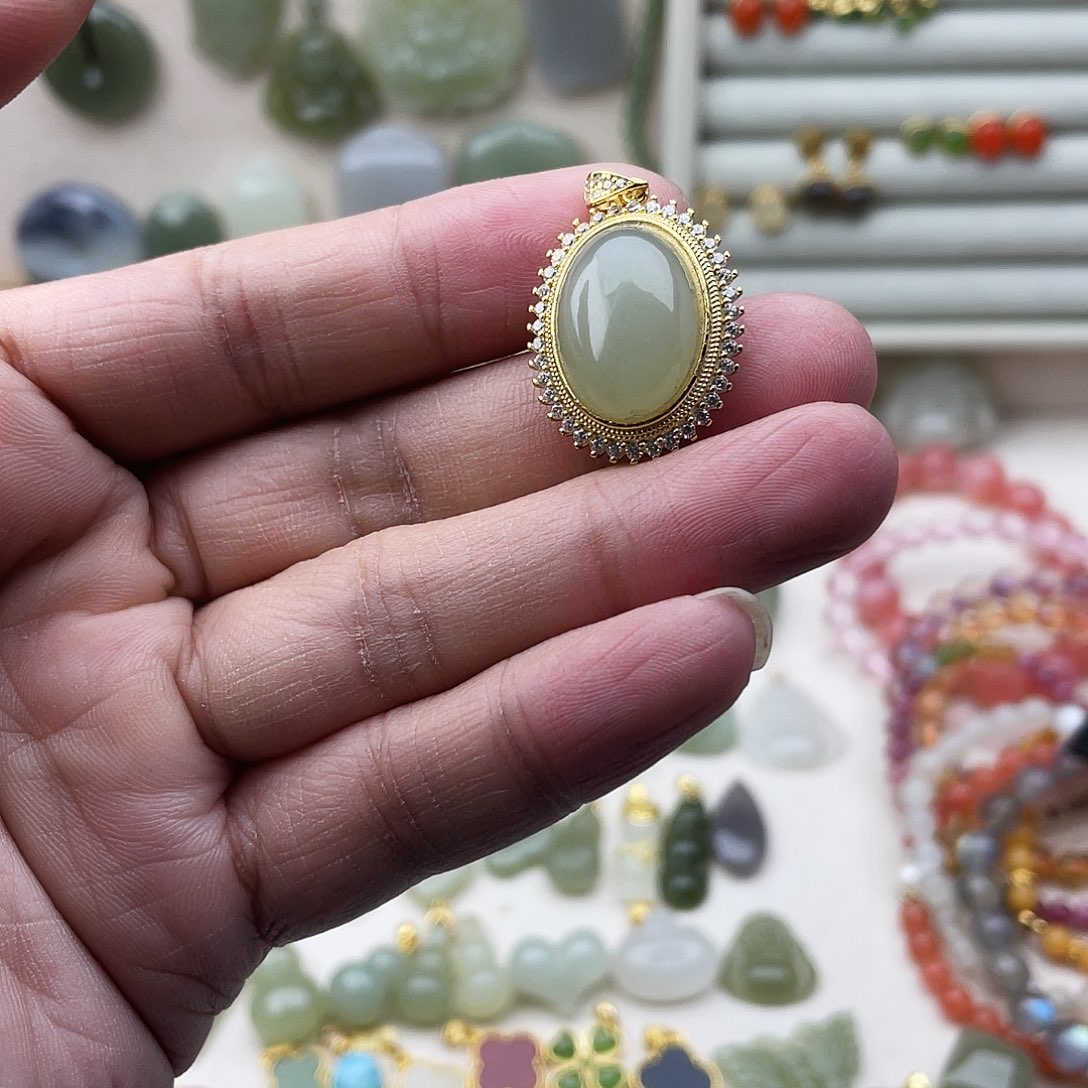 和田玉银S925镶嵌吊坠(不含链)