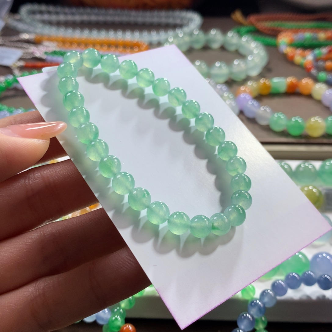 翡翠未镶嵌手链冰透薄荷绿飘花卡6.5