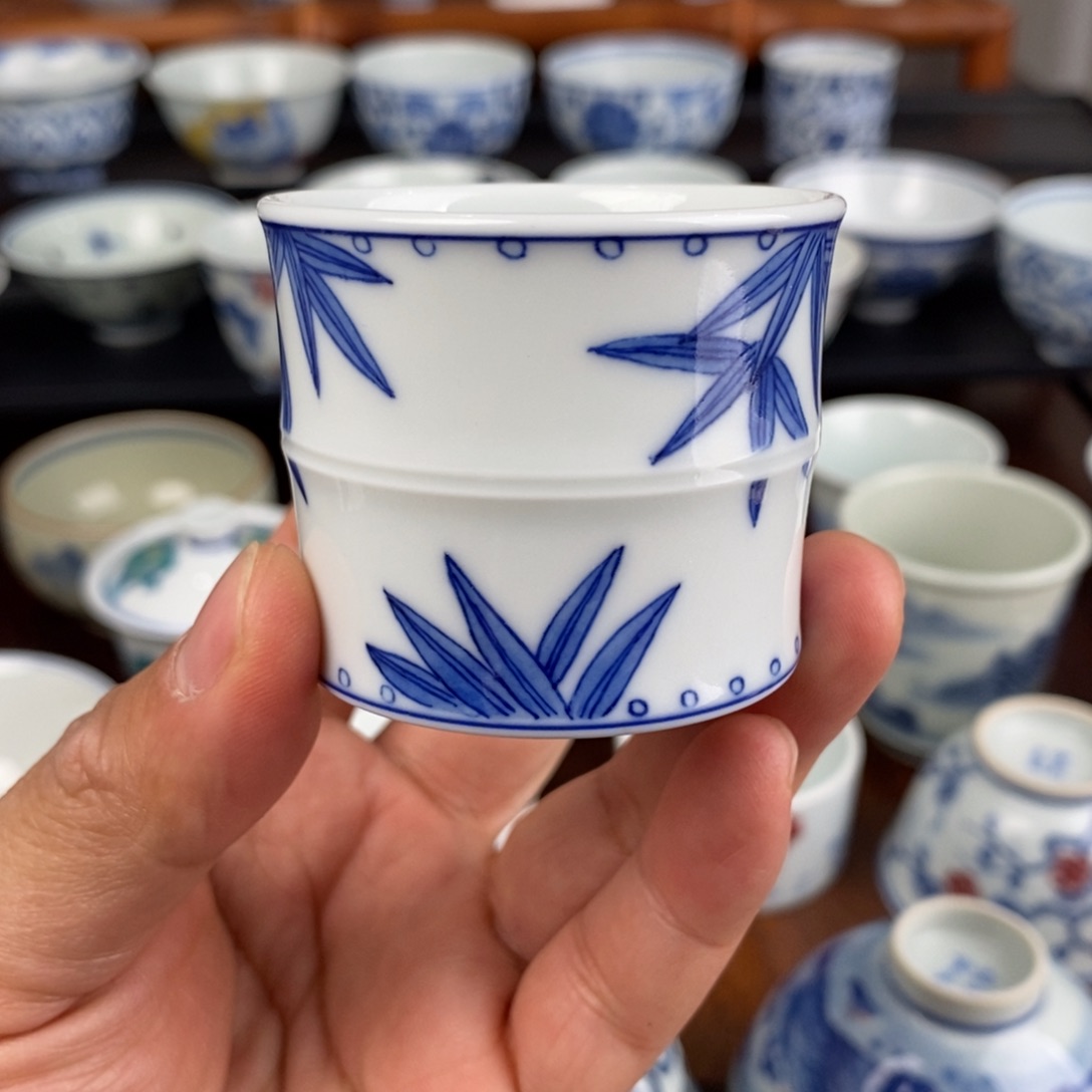 陶摆件青花手绘竹节杯60ml