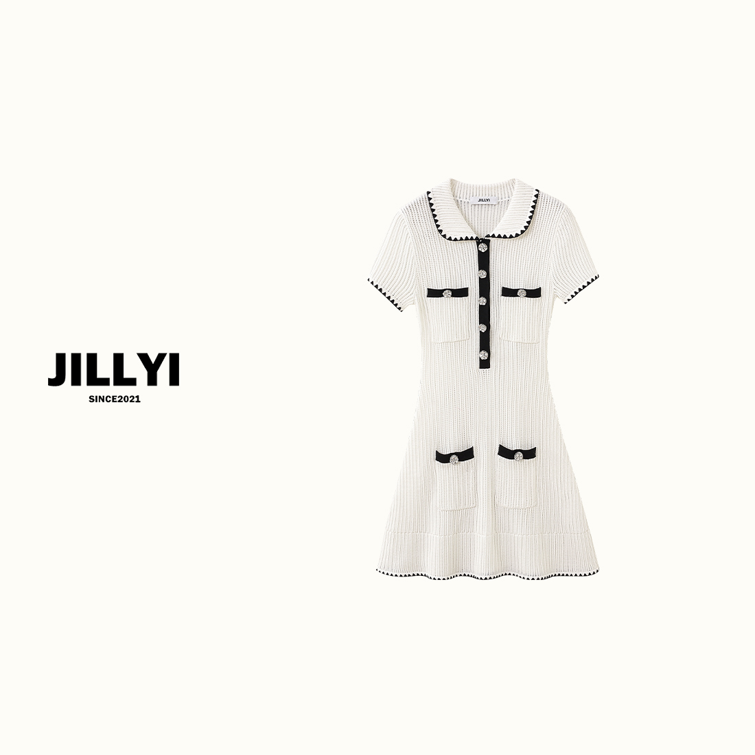 JILLYI【初恋月光】黑白拼色元宝领修身显瘦时尚气质针织裙