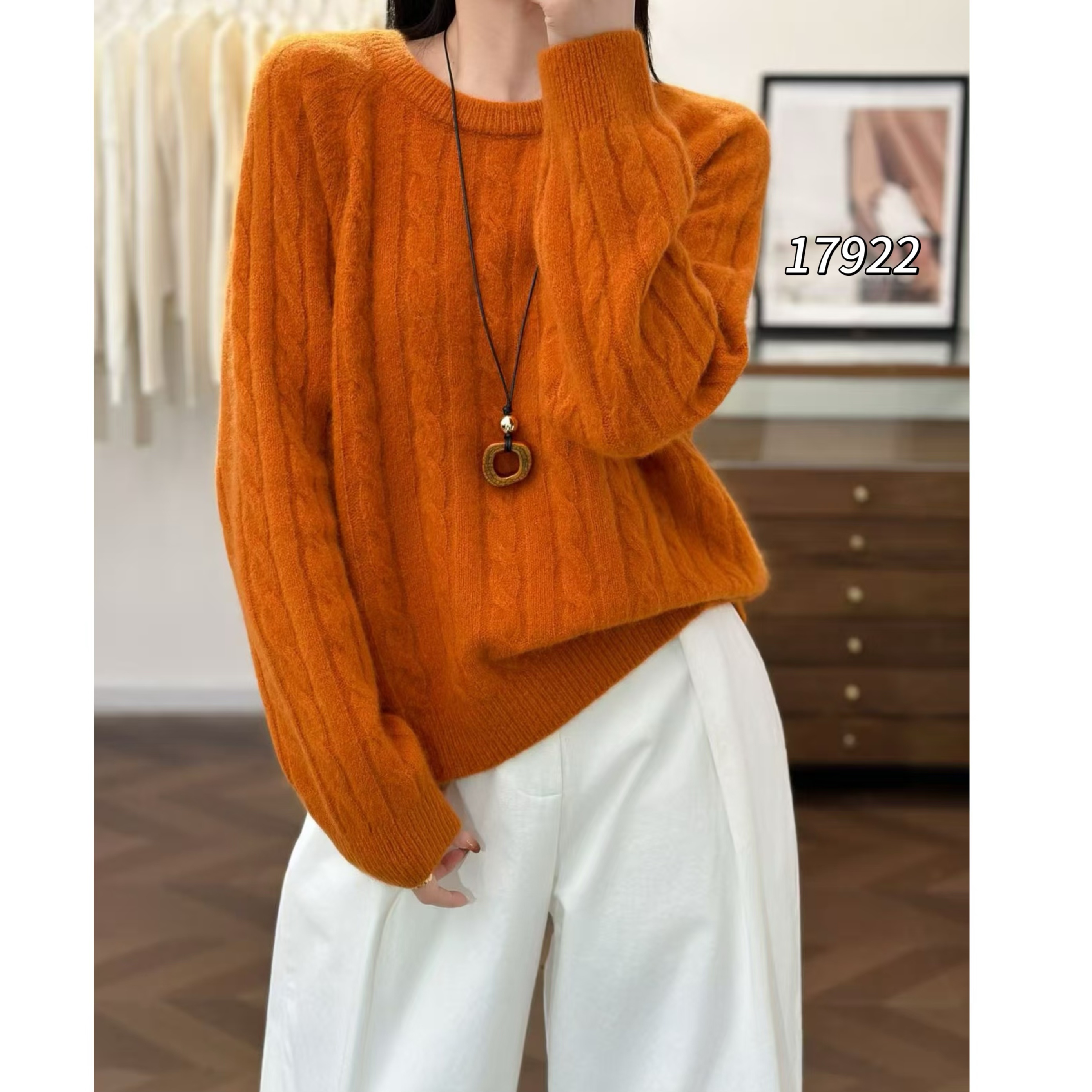 17922（部分无水洗唛介意慎拍）WANGDAN圆领绞花插肩袖长袖针织衫