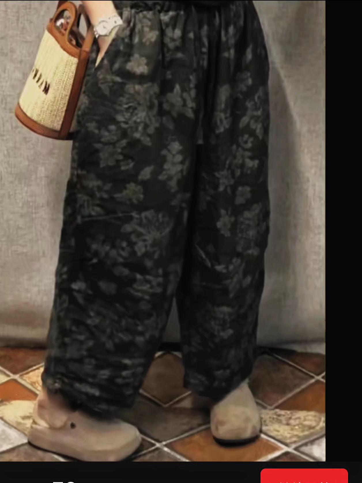 夏季薄款抽绳高腰拼接印花阔腿九分麻裤女款显瘦百搭裤子