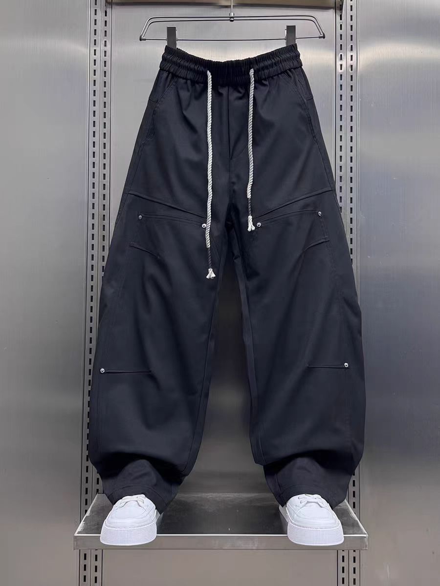 2025秋冬宽松阔腿弯刀裤男士休闲裤痞帅潮流纯色百搭拼接直筒卫裤