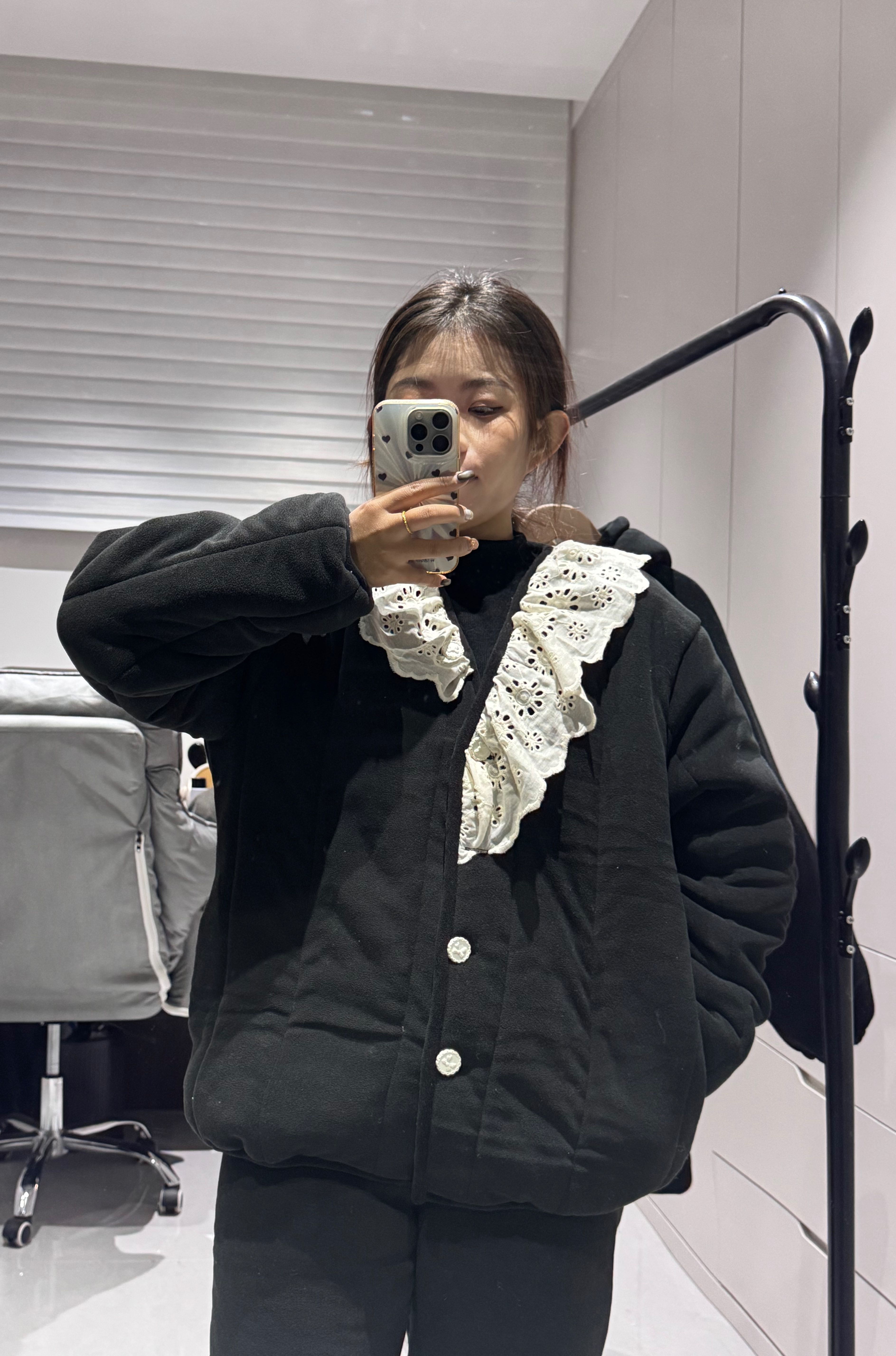 冬季黑色毛绒甜酷蕾丝外套女宽松复古三层加厚保暖外穿家居服套装