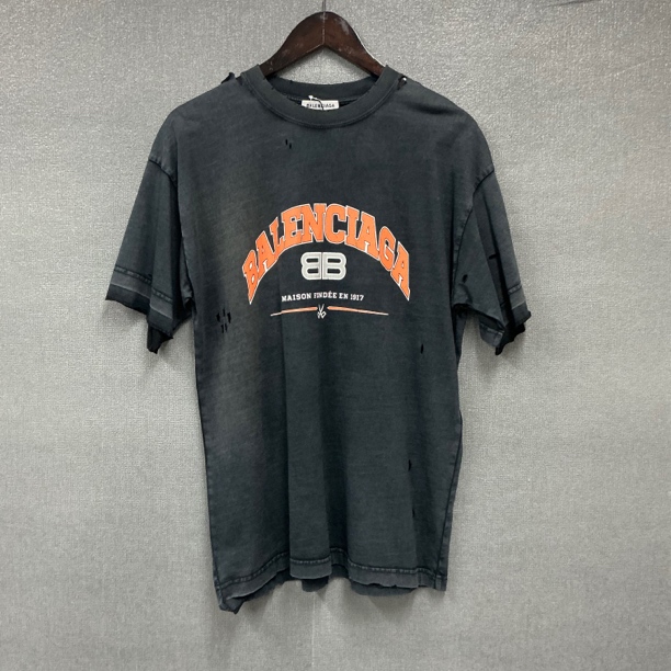 Balenciaga巴黎世家/双B印花裂纹破洞水洗做旧短袖T恤/全新M码