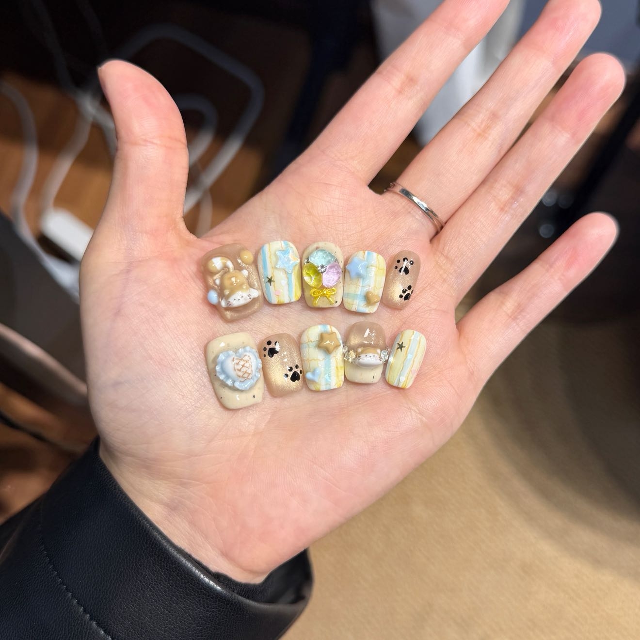 波浪小猫 短方 | 马卡龙色手绘线条猫咪可爱软萌系手工穿戴甲