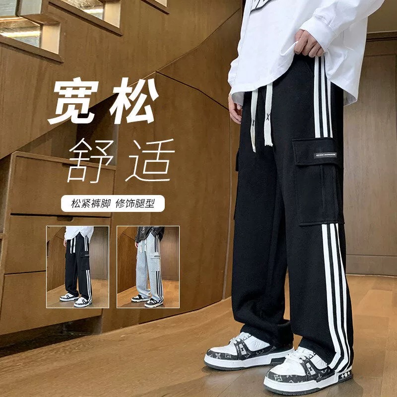 工装裤长裤港风潮流侧袋松紧腰束脚两穿裤子宽松高街学生直筒多色