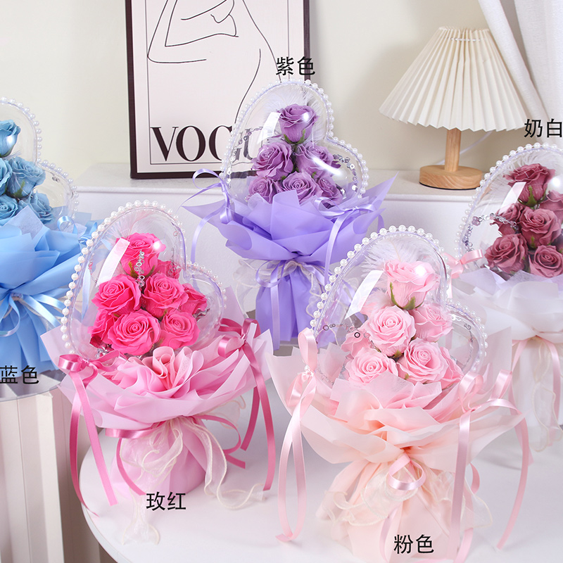 七夕爱心波波球玫瑰仿真永生花束成品情人节送女友闺蜜生日礼物