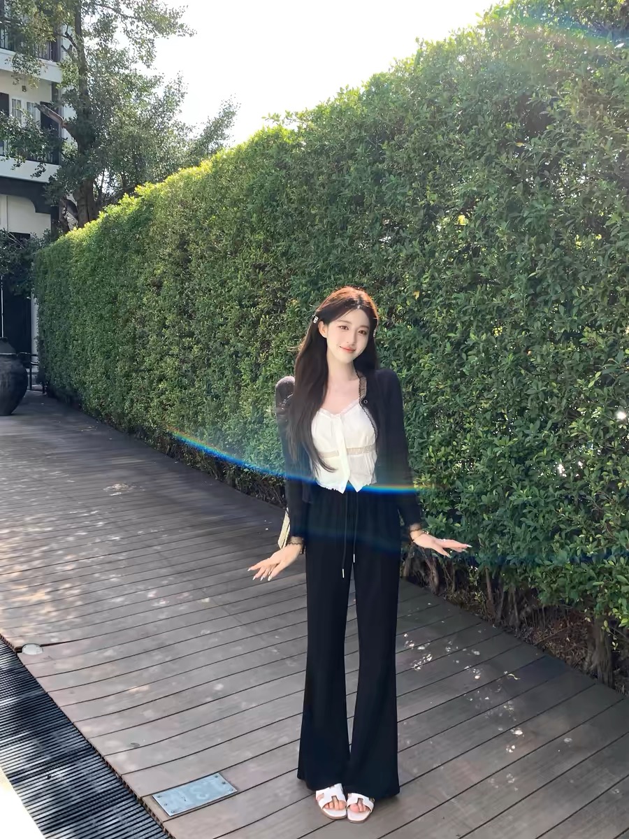 萌萌Ja 高挑入境~两色软糯丝滑高腰松紧休闲裤宽松显瘦针织裤长裤