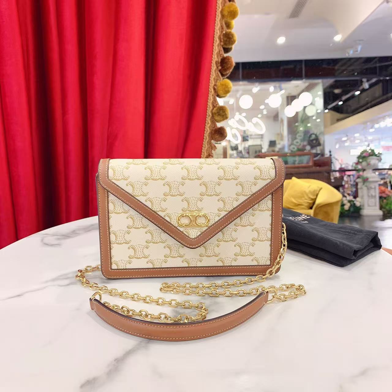 95新 Celine/思琳 GGS瑟琳凯旋门woc白色老花金扣单肩包19661147