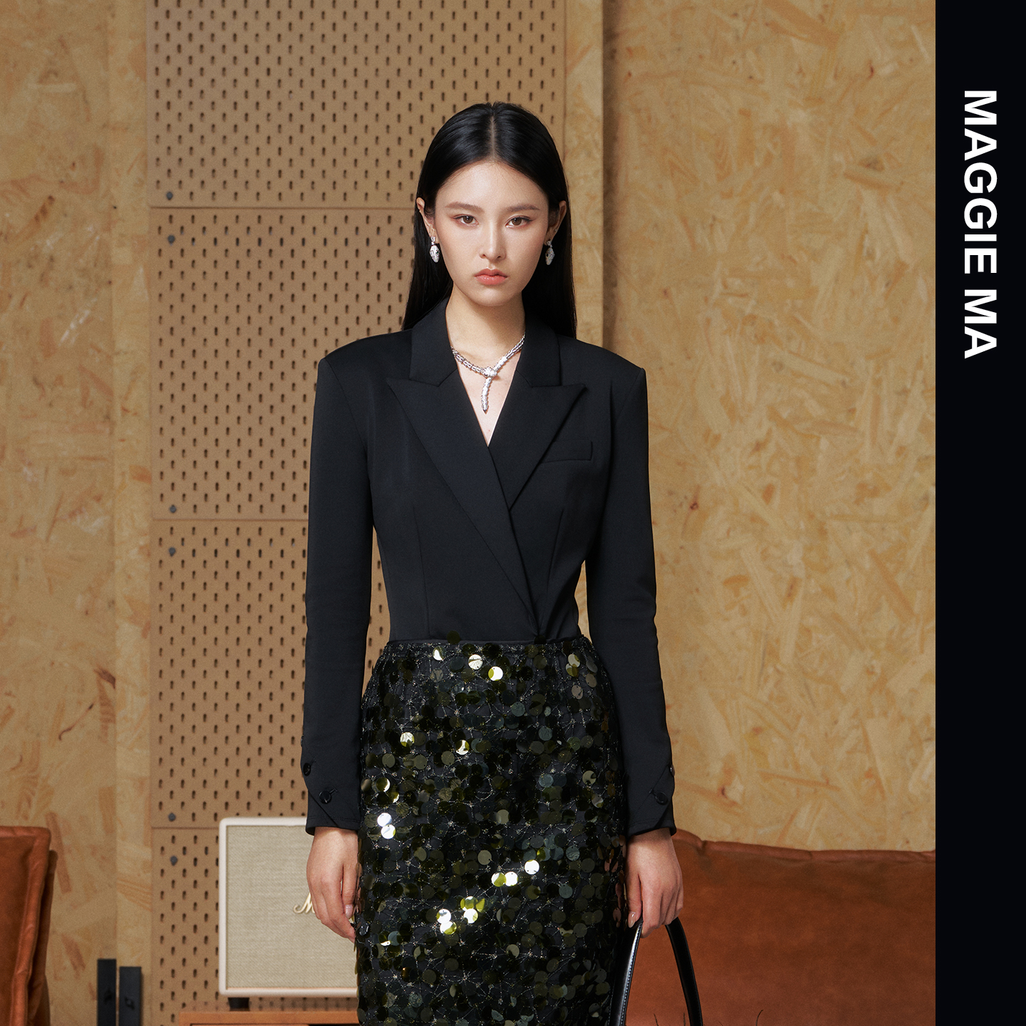 MAGGIE MA马婧设计师款深邃黑显瘦优雅气质上衣546S