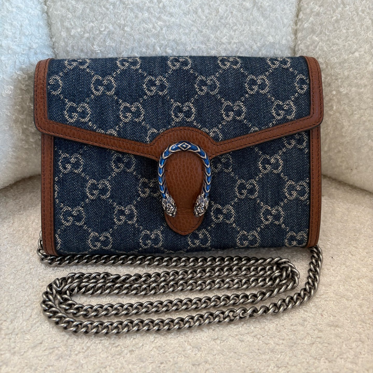 99新 GUCCI/古驰 N1230古驰 经典爆款 蓝色丹宁老花 酒神链条包