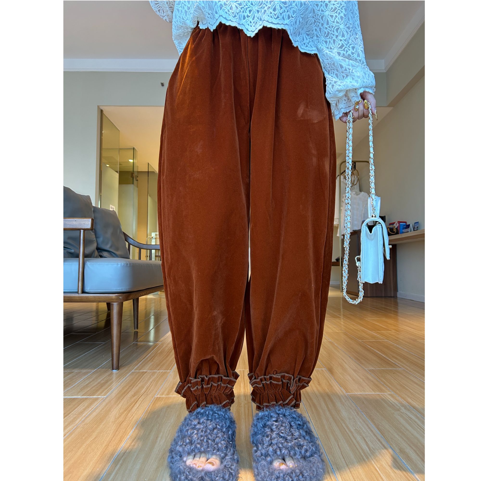 欧洲站2025秋季高腰丝绒阔腿裤女拼接木耳边花苞裤洋气直筒休闲裤